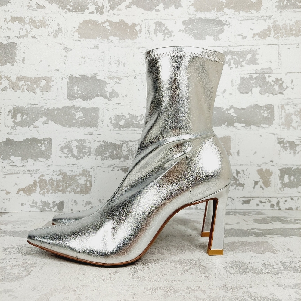 NEW Steven New York Sally Silver Pointed Toe Heeled Ankle Boots D440